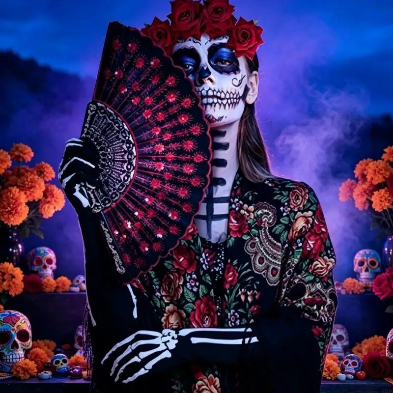 Costume Accessory Set for Stage Performances with Patterned Fan, Colorful Fringe Scarf, Skeleton Print Gloves and Red Flower