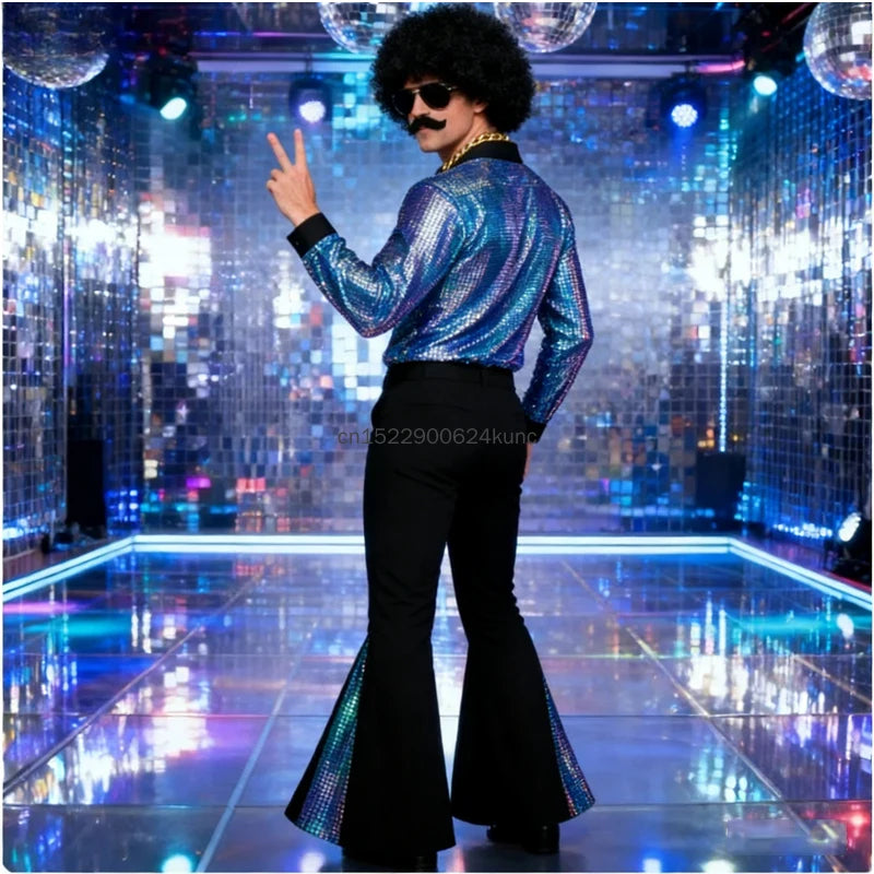 70s Vintage Disco Costume for Men Shiny Golden Shirt Flared Pants with Accessories Adult Halloween Party Performance Outfits