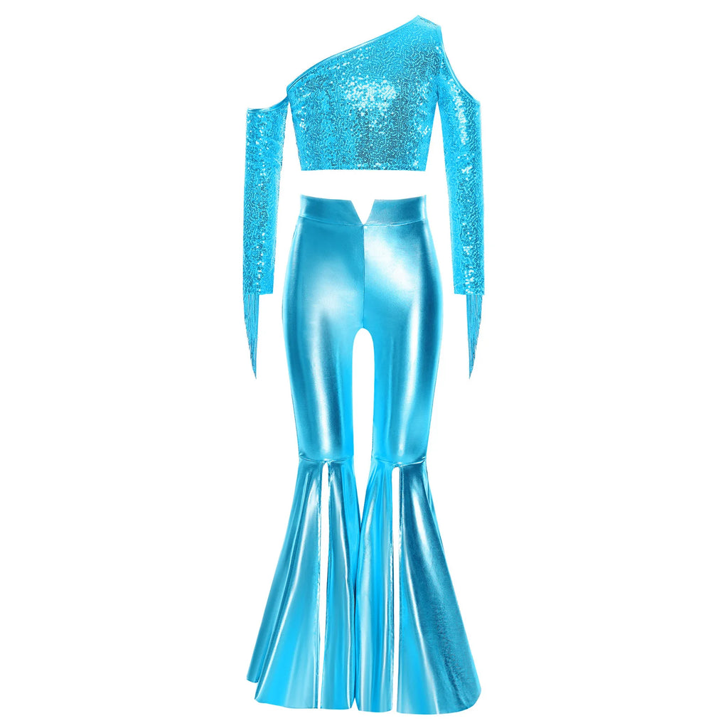 Kids Girls 70s Disco Outfits Sequins Jazz Dance Costume Hippie Hip Hop 60s Costumes Tassels Flared Jumpsuit Pageant Party Romper