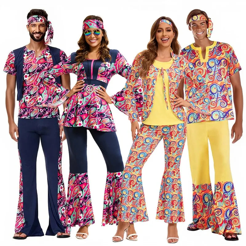Couples 70s 80s Hippie Disco Costumes Women Men Bohemian Tribal Retro Rock Cosplay Outfits Carnival Halloween Party Stage Perf