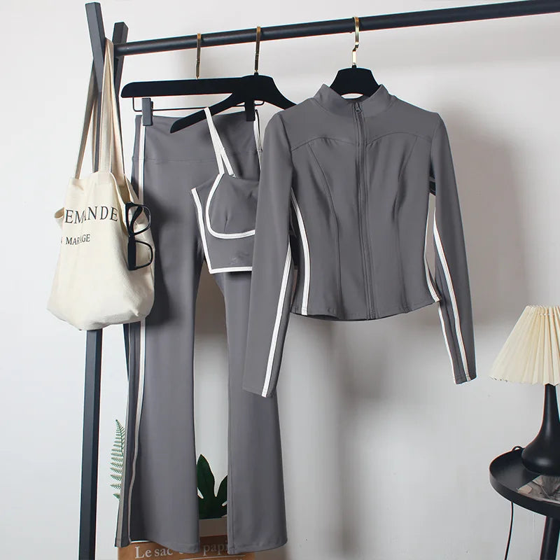 Women's Yoga Costumes 3pcs Set Spring Coat and Bra High-waisted Flared Trousers Dance Morning Runs Costume Outfits for Female