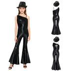 Kids Girls 70s Disco Outfits Sequins Jazz Dance Costume Hippie Hip Hop 60s Costumes Tassels Flared Jumpsuit Pageant Party Romper