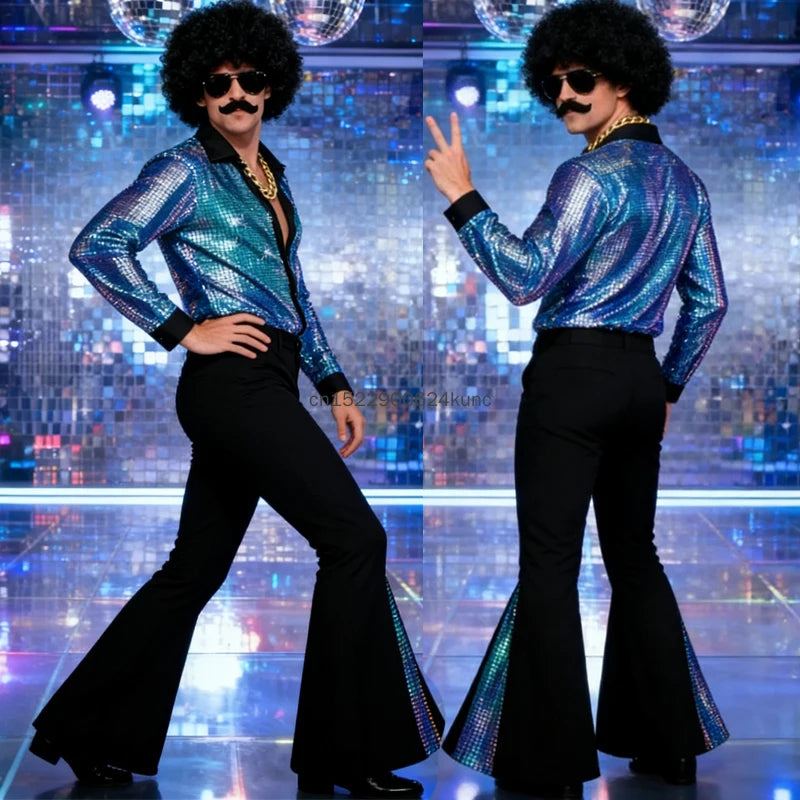 70s Vintage Disco Costume for Men Shiny Golden Shirt Flared Pants with Accessories Adult Halloween Party Performance Outfits