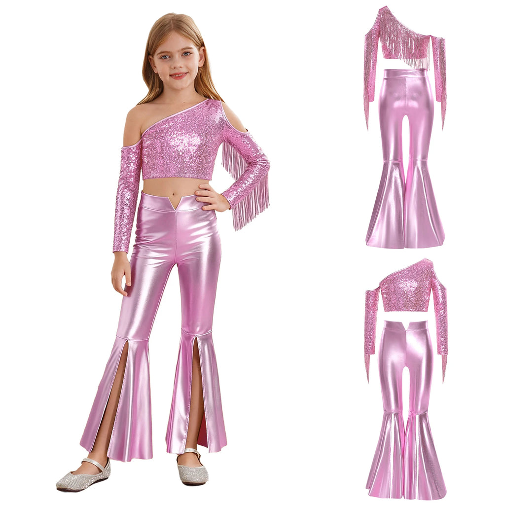 Kids Girls 70s Disco Outfits Sequins Jazz Dance Costume Hippie Hip Hop 60s Costumes Tassels Flared Jumpsuit Pageant Party Romper