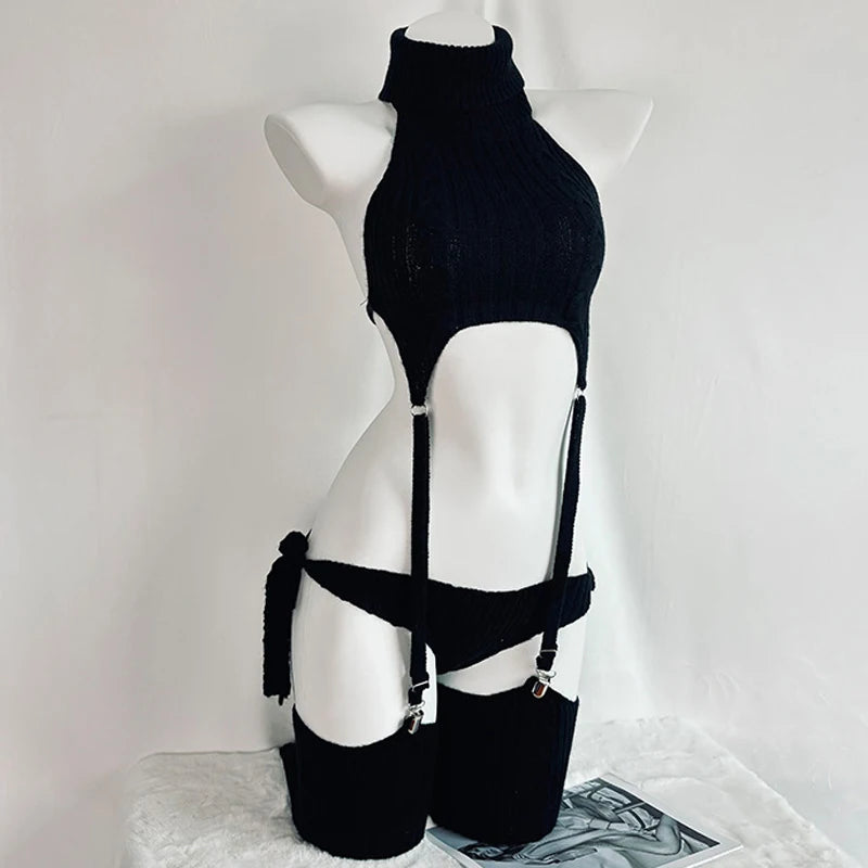 Cosplay Costume Anime Girl Turtleneck Knit Halter Dress Uniform Bodysuit Outfit Sweater Cat Backless Gray Black White Garter