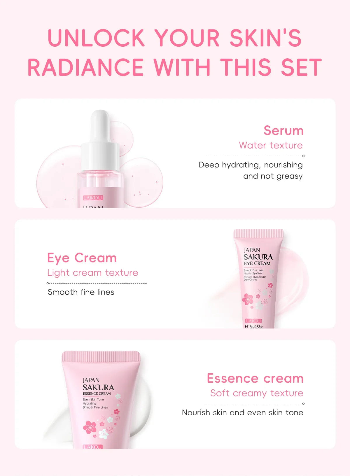 Sakura Skin Care Sets Face Cream Serum Toner Facial Cleanser Sunscreen Eye Cream Gift Box Face Skin Care Set Product 3pcs/Set