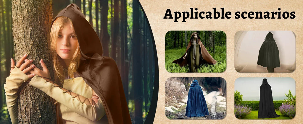 Medieval Costume Cloak with hood men Adult Renaissance Hooded Cloak with Green Leaf Brooch Necklace