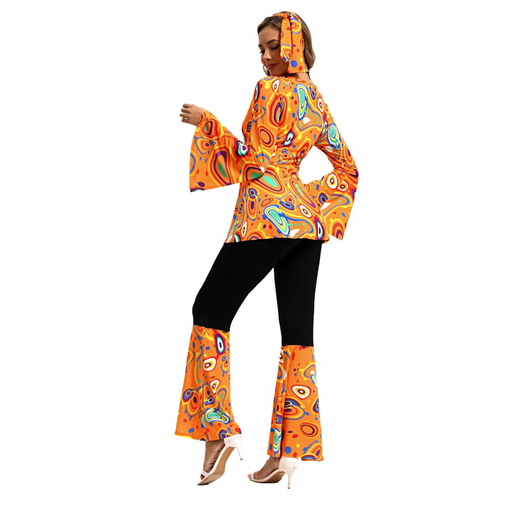 Women 60s 70s Outfits Hippie Costume Set Disco Outfit Dress Boho Flared Pants Hippie Shirt Headband
