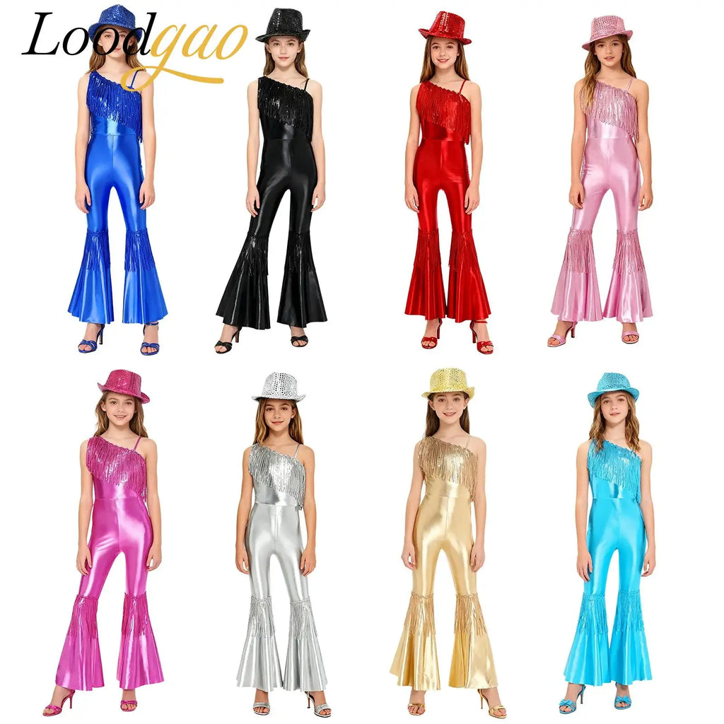 Kids Girls 70s Disco Outfits Sequins Jazz Dance Costume Hippie Hip Hop 60s Costumes Tassels Flared Jumpsuit Pageant Party Romper