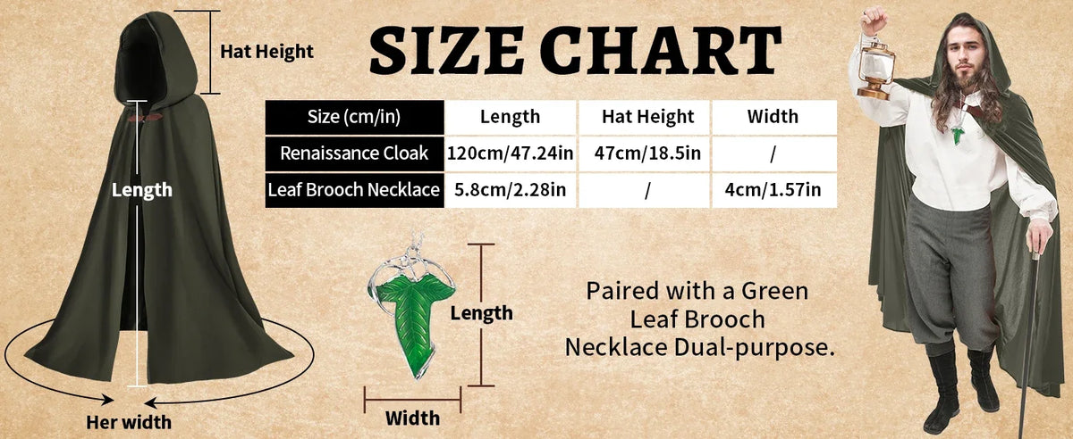 Medieval Costume Cloak with hood men Adult Renaissance Hooded Cloak with Green Leaf Brooch Necklace