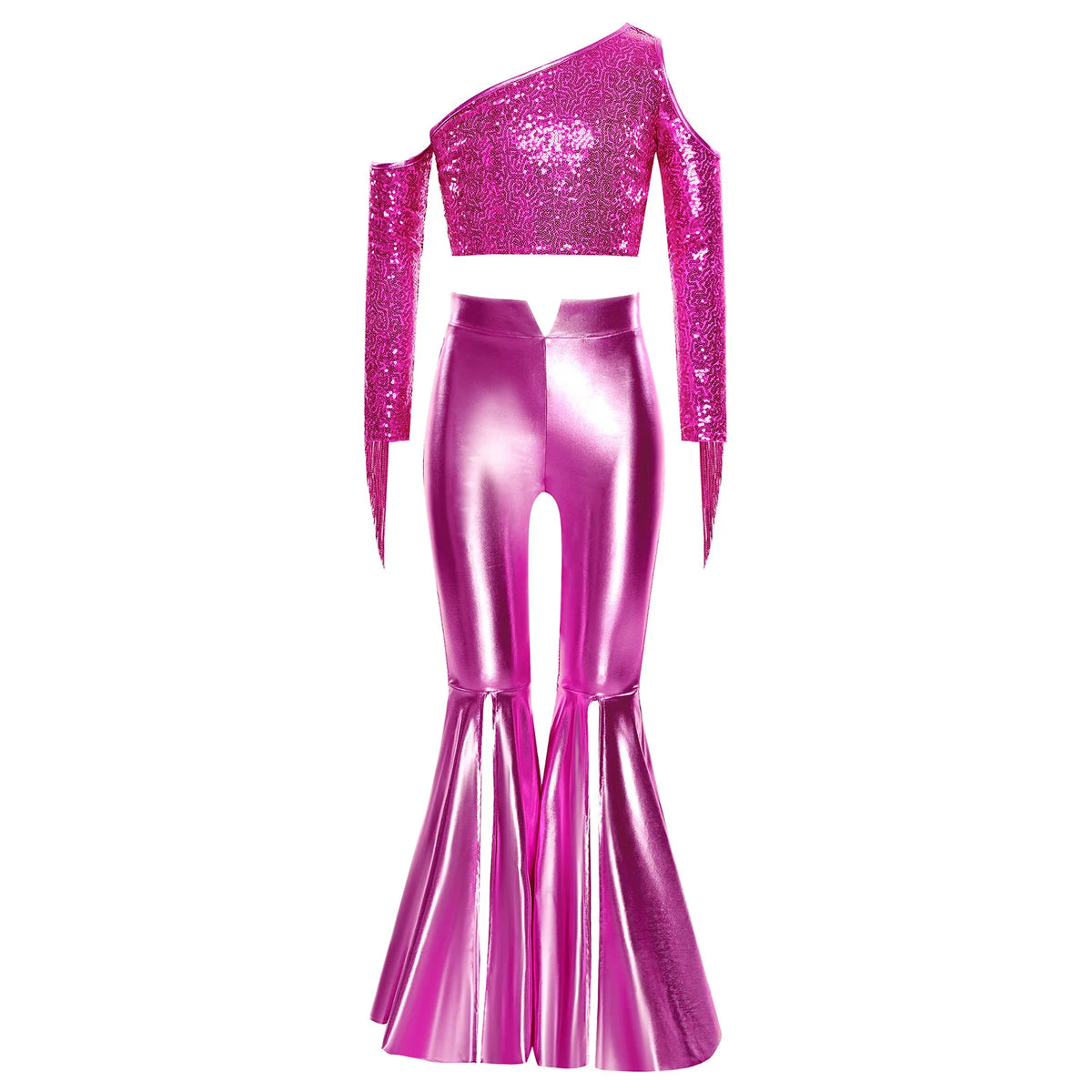 Kids Girls 70s Disco Outfits Sequins Jazz Dance Costume Hippie Hip Hop 60s Costumes Tassels Flared Jumpsuit Pageant Party Romper