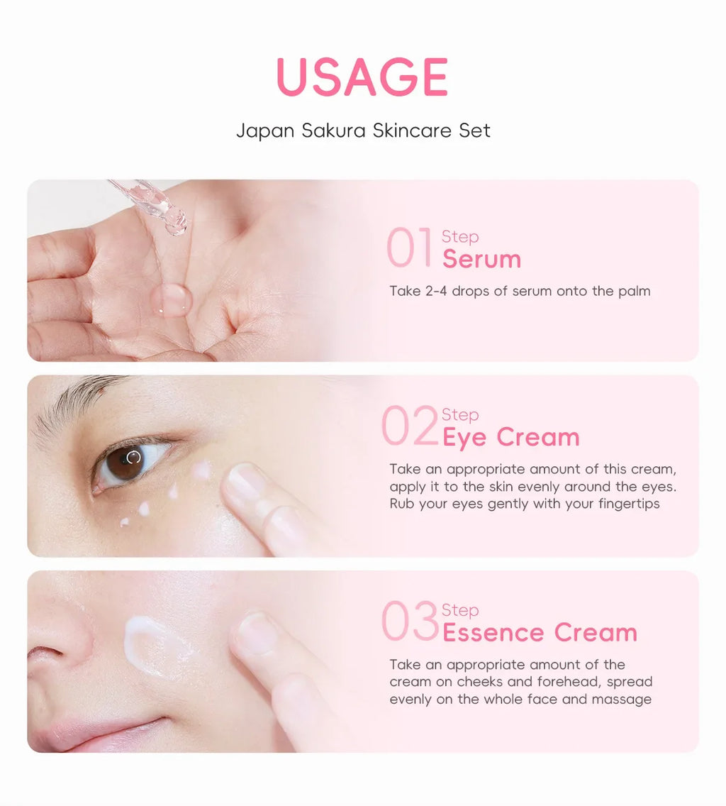 Sakura Skin Care Sets Face Cream Serum Toner Facial Cleanser Sunscreen Eye Cream Gift Box Face Skin Care Set Product 3pcs/Set