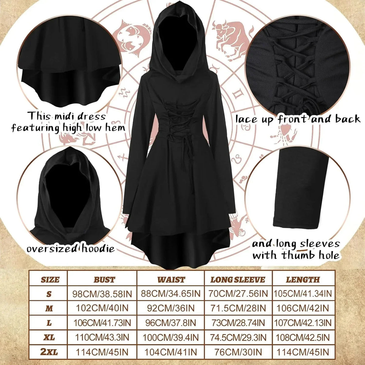 Womens Renaissance Costumes Halloween Costume for Womens Medieval Vintage Hooded Costume High Low Pullover Dress