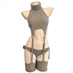 Cosplay Costume Anime Girl Turtleneck Knit Halter Dress Uniform Bodysuit Outfit Sweater Cat Backless Gray Black White Garter