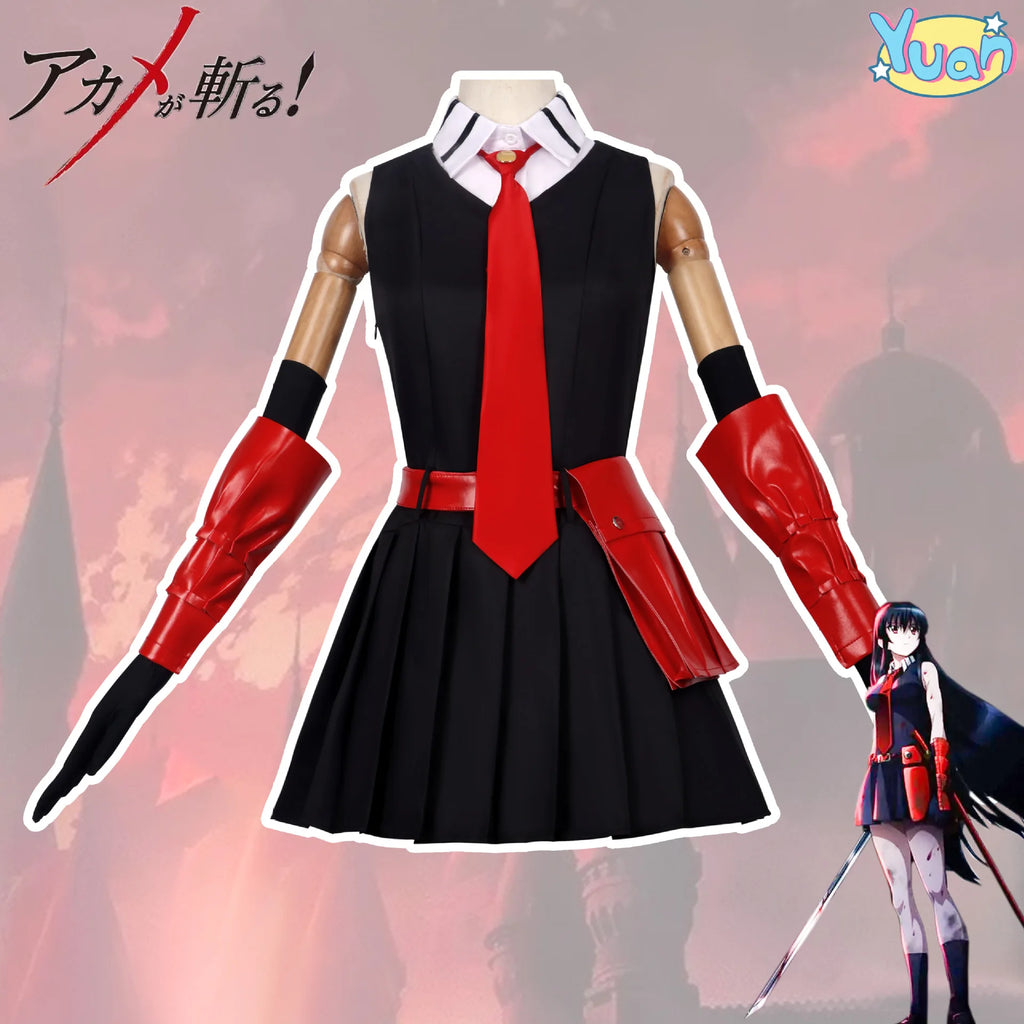 Halloween Costume Anime Akame Ga Kill Kurome Cosplay Outfit Belt Tie Gloves JK Uniform Party Gathering Role Play Full Clothe Set