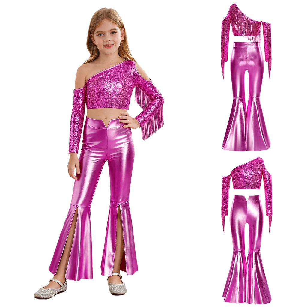 Kids Girls 70s Disco Outfits Sequins Jazz Dance Costume Hippie Hip Hop 60s Costumes Tassels Flared Jumpsuit Pageant Party Romper