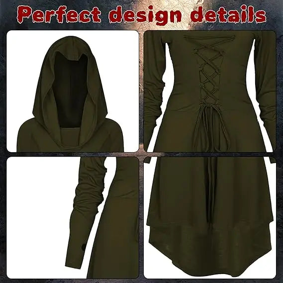 Womens Renaissance Costumes Halloween Costume for Womens Medieval Vintage Hooded Costume High Low Pullover Dress