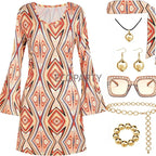 70s Disco Outfit Women, 7 PCS 70's Disco Dress Costume Hippie Clothes Accessories Jewelry Halloween dress anime clothes dress