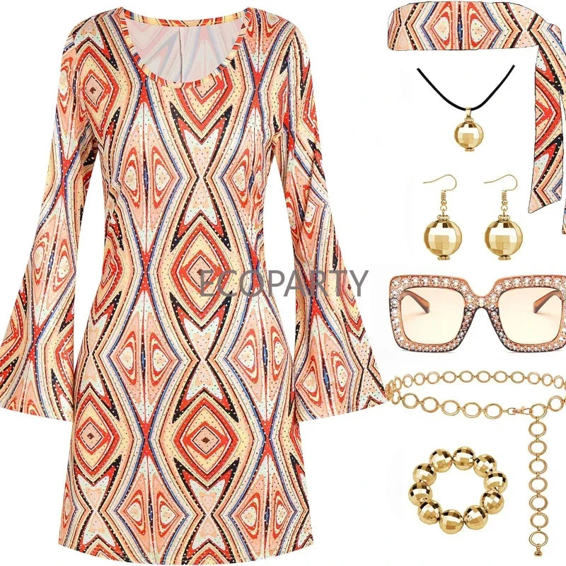 70s Disco Outfit Women, 7 PCS 70's Disco Dress Costume Hippie Clothes Accessories Jewelry Halloween dress anime clothes dress