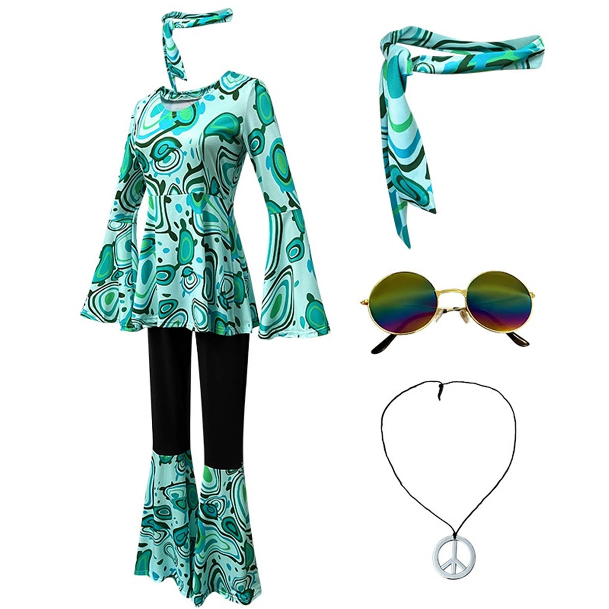 Women 60s 70s Outfits Hippie Costume Set Disco Outfit Dress Boho Flared Pants Hippie Shirt Headband