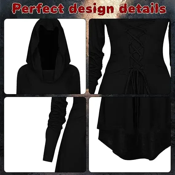 Womens Renaissance Costumes Halloween Costume for Womens Medieval Vintage Hooded Costume High Low Pullover Dress