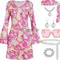 70s Disco Outfit Women, 7 PCS 70's Disco Dress Costume Hippie Clothes Accessories Jewelry Halloween dress anime clothes dress