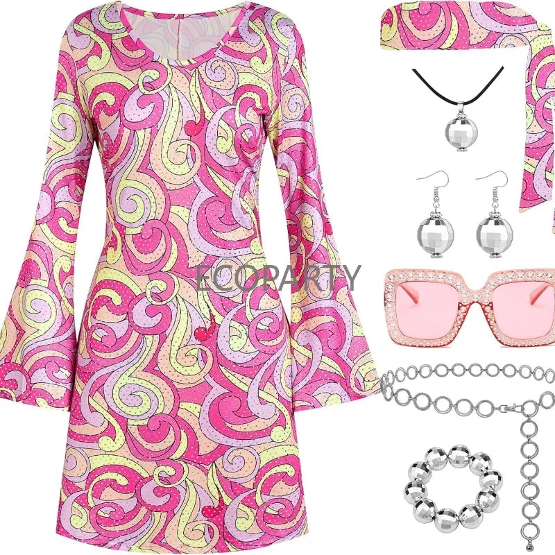 70s Disco Outfit Women, 7 PCS 70's Disco Dress Costume Hippie Clothes Accessories Jewelry Halloween dress anime clothes dress