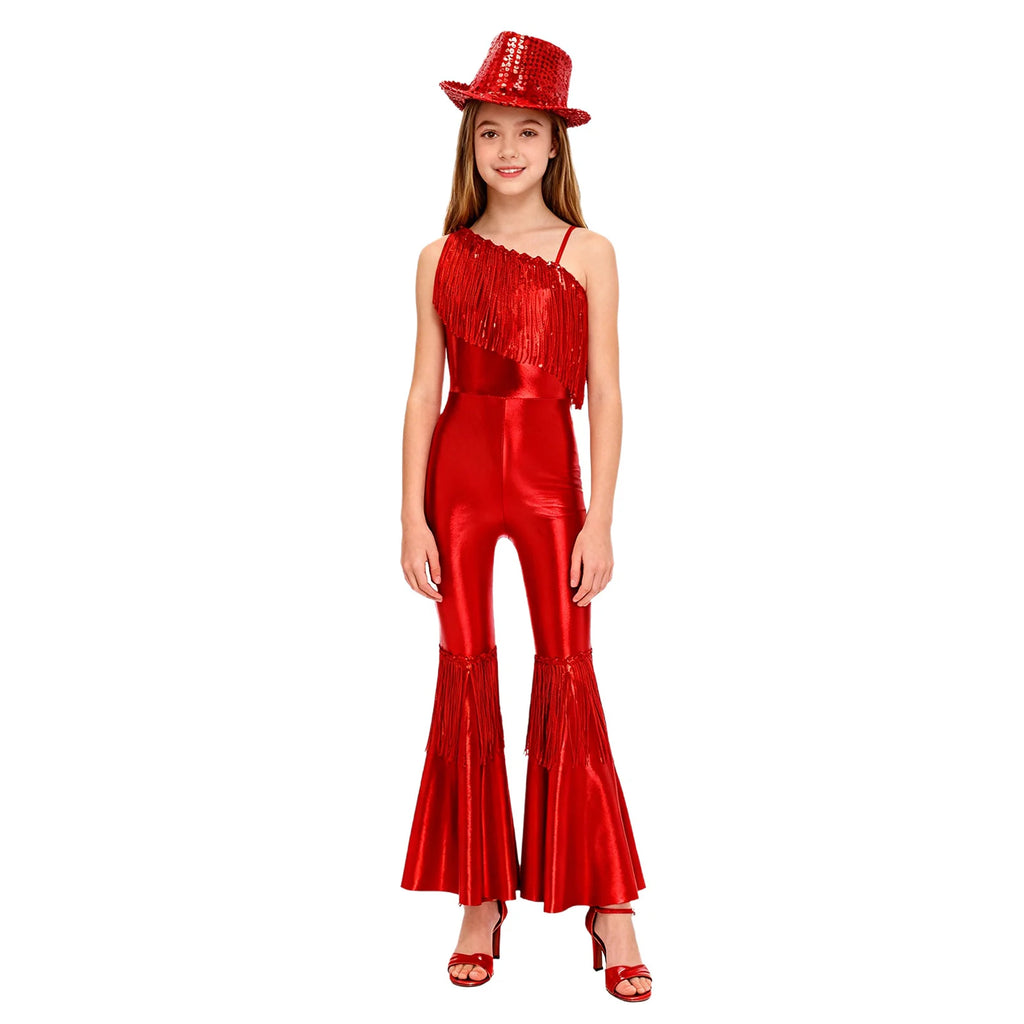Kids Girls 70s Disco Outfits Sequins Jazz Dance Costume Hippie Hip Hop 60s Costumes Tassels Flared Jumpsuit Pageant Party Romper
