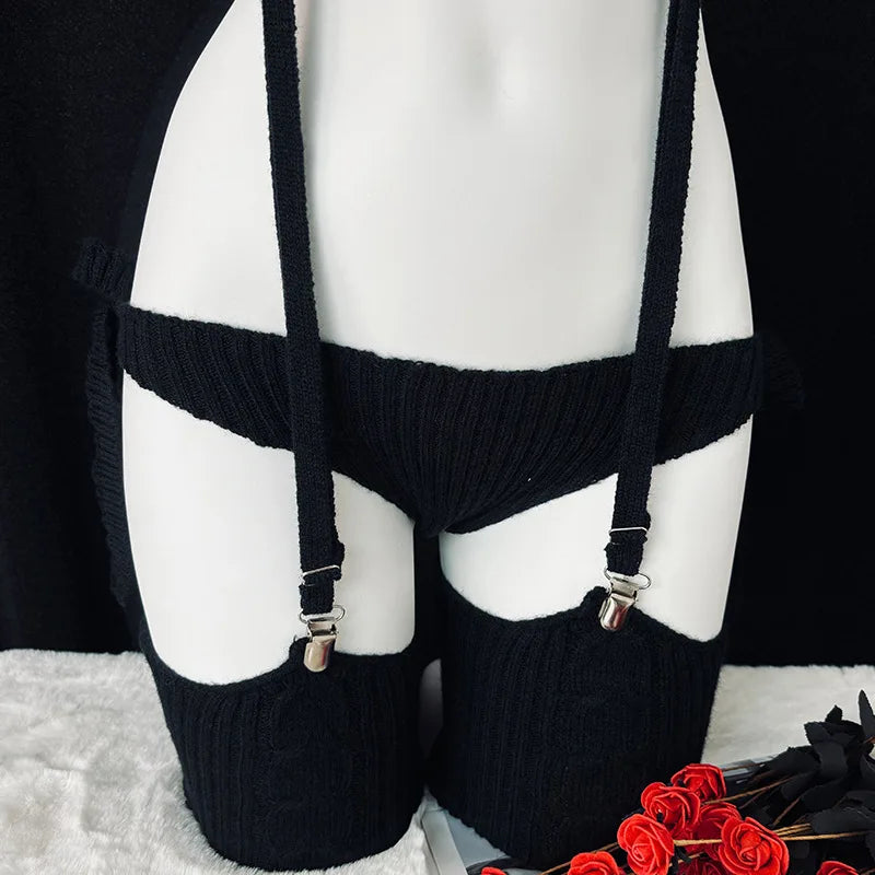 Cosplay Costume Anime Girl Turtleneck Knit Halter Dress Uniform Bodysuit Outfit Sweater Cat Backless Gray Black White Garter