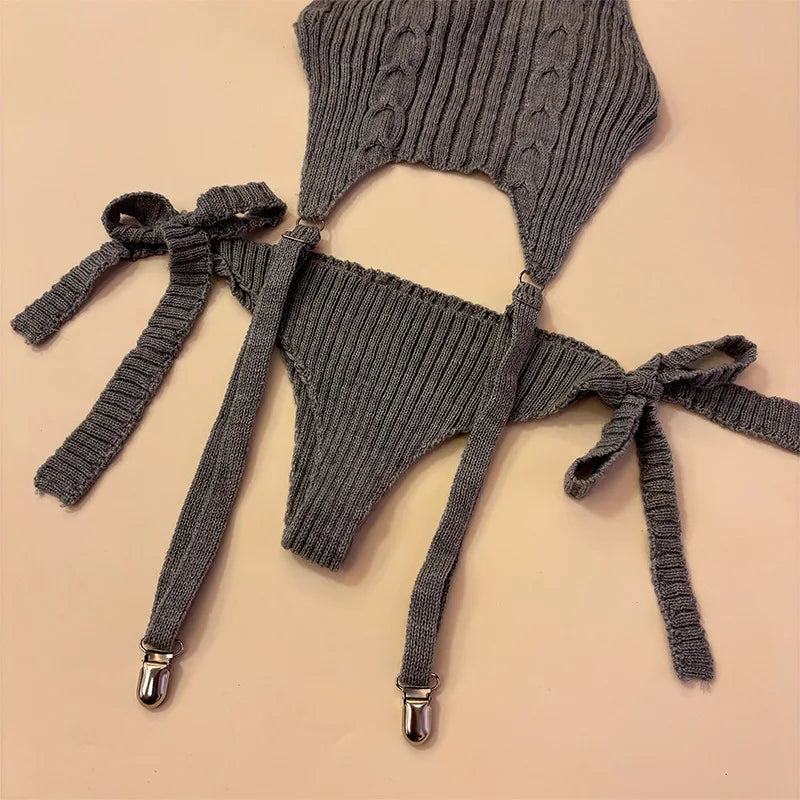 Cosplay Costume Anime Girl Turtleneck Knit Halter Dress Uniform Bodysuit Outfit Sweater Cat Backless Gray Black White Garter