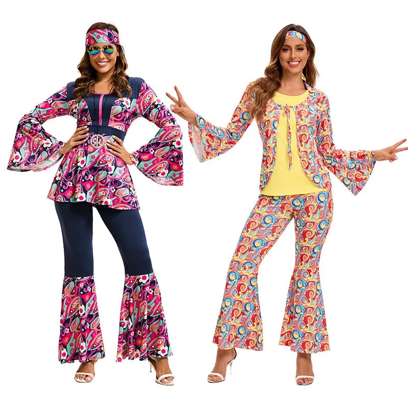 Couples 70s 80s Hippie Disco Costumes Women Men Bohemian Tribal Retro Rock Cosplay Outfits Carnival Halloween Party Stage Perf