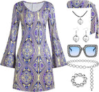 70s Disco Outfit Women, 7 PCS 70's Disco Dress Costume Hippie Clothes Accessories Jewelry Halloween dress anime clothes dress