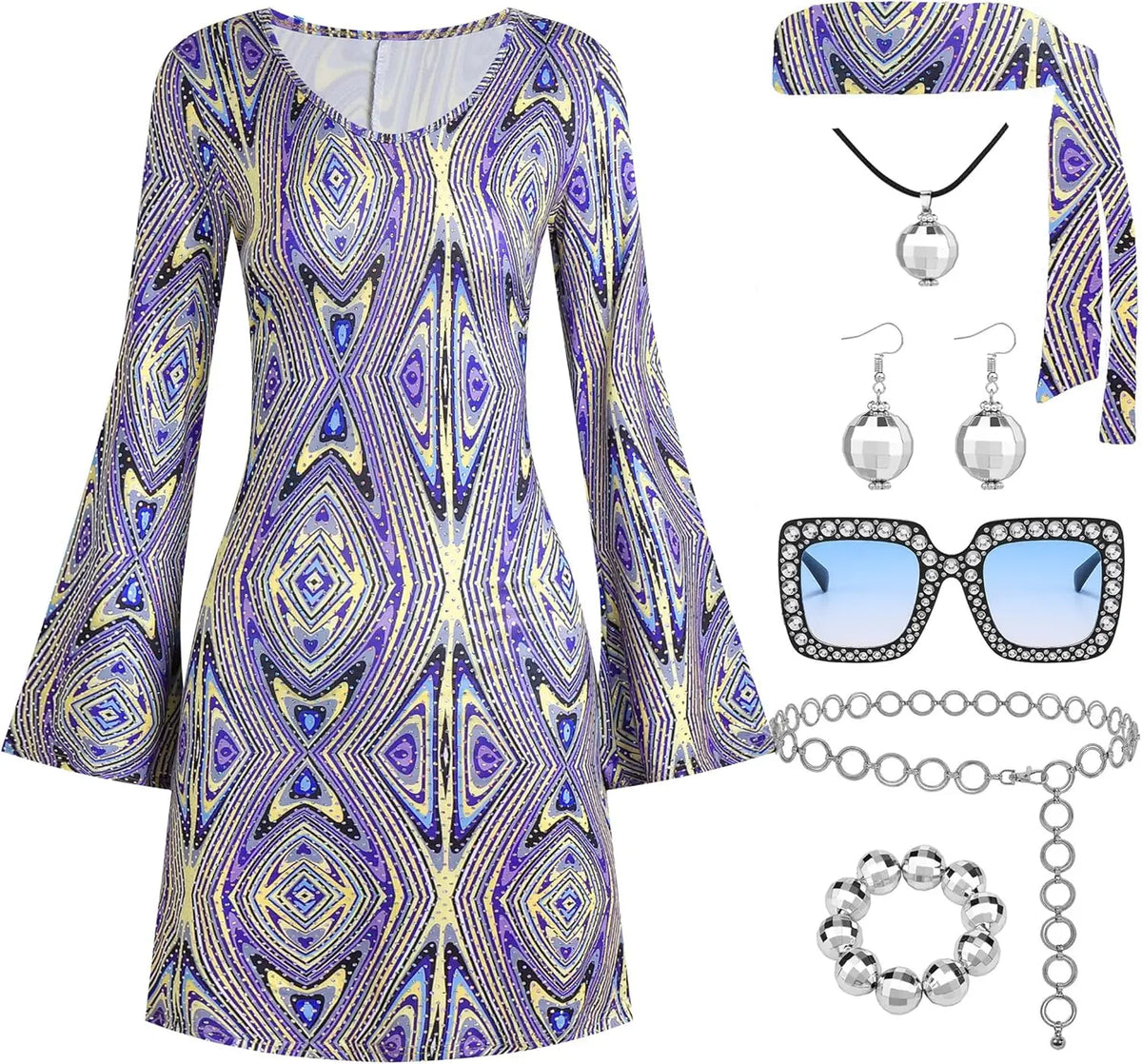 70s Disco Outfit Women, 7 PCS 70's Disco Dress Costume Hippie Clothes Accessories Jewelry Halloween dress anime clothes dress