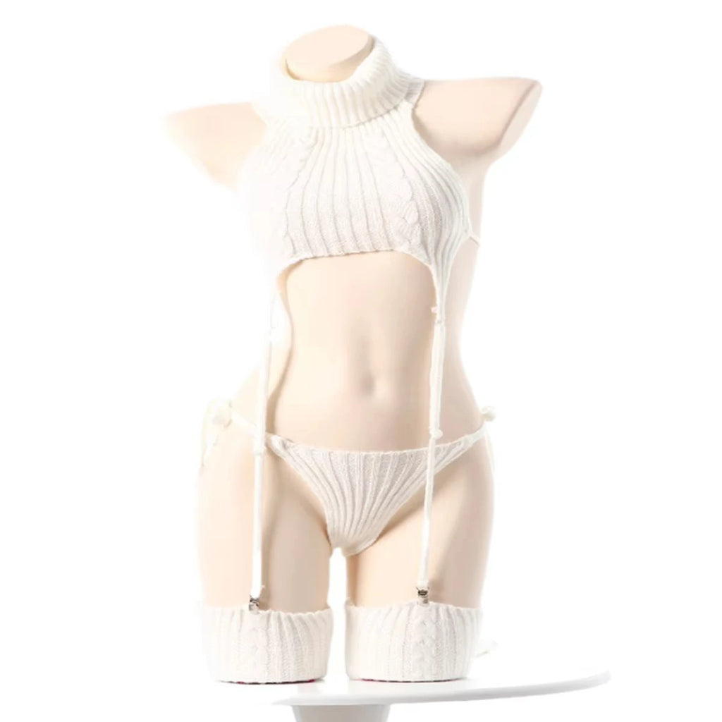 Cosplay Costume Anime Girl Turtleneck Knit Halter Dress Uniform Bodysuit Outfit Sweater Cat Backless Gray Black White Garter