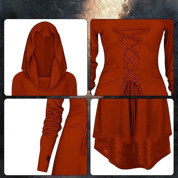 Womens Renaissance Costumes Halloween Costume for Womens Medieval Vintage Hooded Costume High Low Pullover Dress