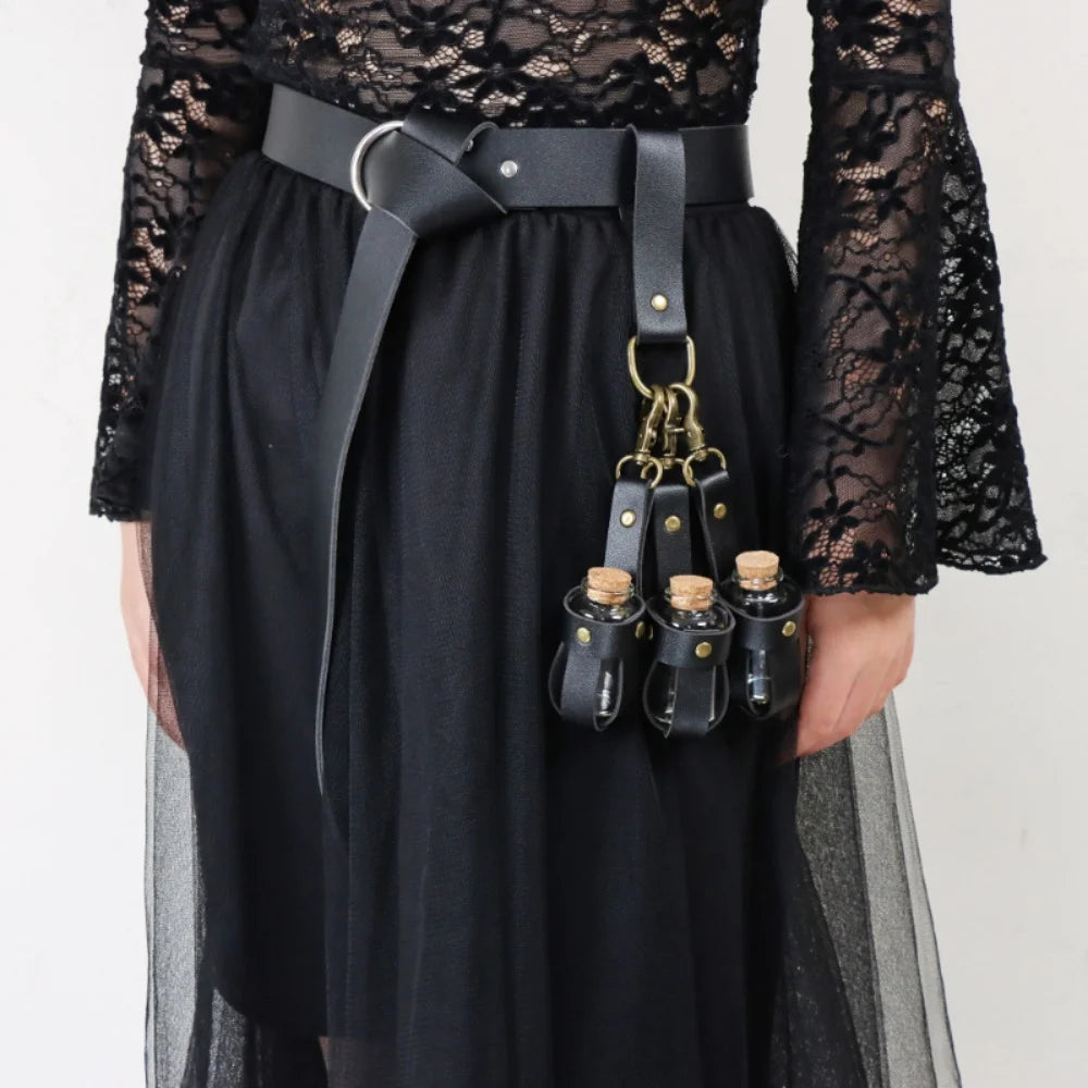 Medieval Viking Costume Set, Includes Long Belt + 3 PU Leather Cork Potions Flasks, Renaissance Witch Props Magic Elixir Cosplay