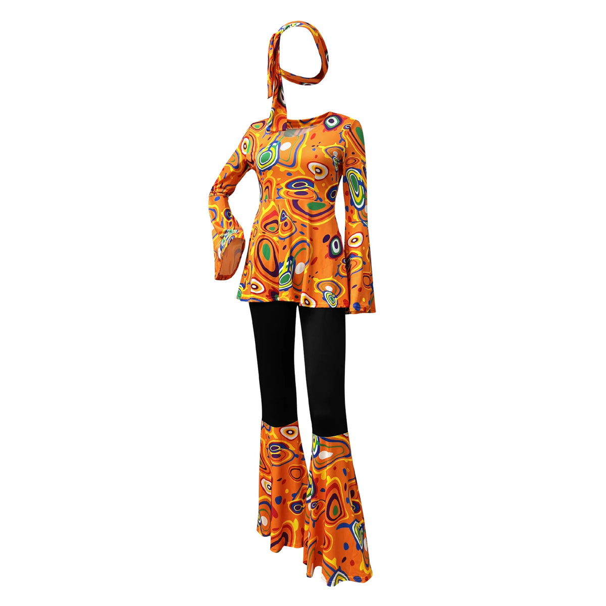 Women 60s 70s Outfits Hippie Costume Set Disco Outfit Dress Boho Flared Pants Hippie Shirt Headband