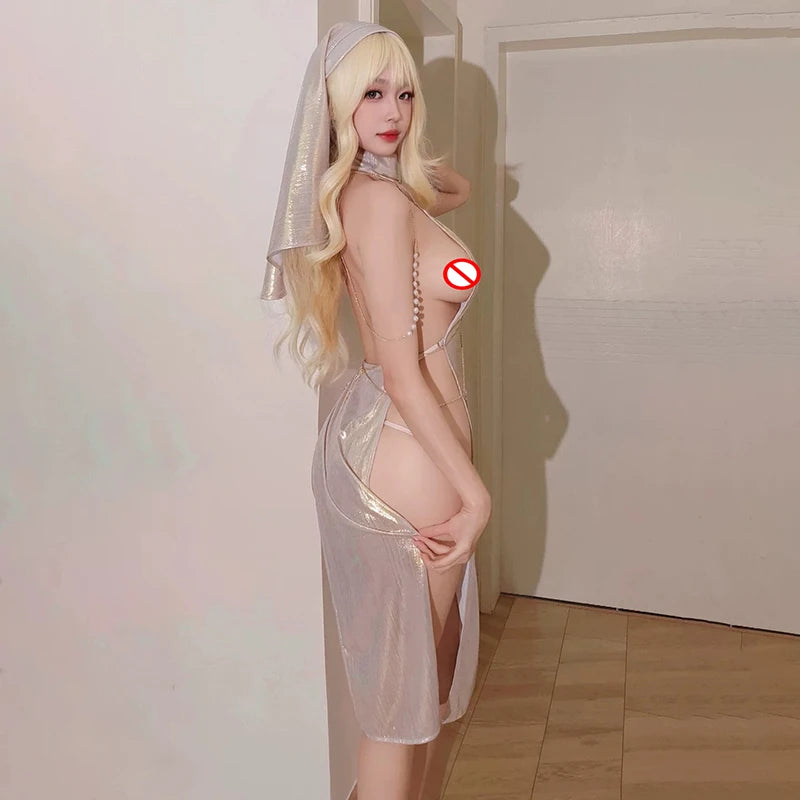 Anime Nun Costume Cosplay Outfit Sexy Women Goddess Gilding Chain Dress Halloween Performance Fancy Cute Sweet Dress Up Uniform