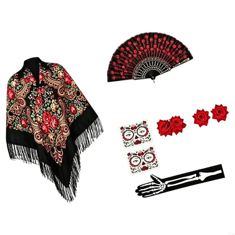 Costume Accessory Set for Stage Performances with Patterned Fan, Colorful Fringe Scarf, Skeleton Print Gloves and Red Flower