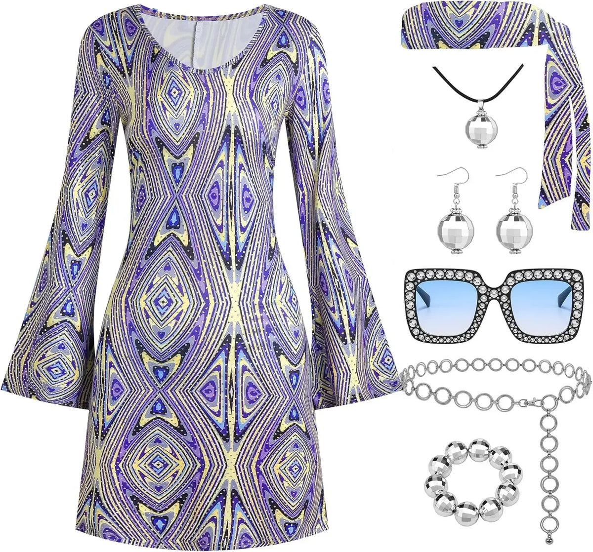 70s Disco Outfit Women, 7 PCS 70's Disco Dress Costume Hippie Clothes Accessories Jewelry Halloween dress anime clothes dress