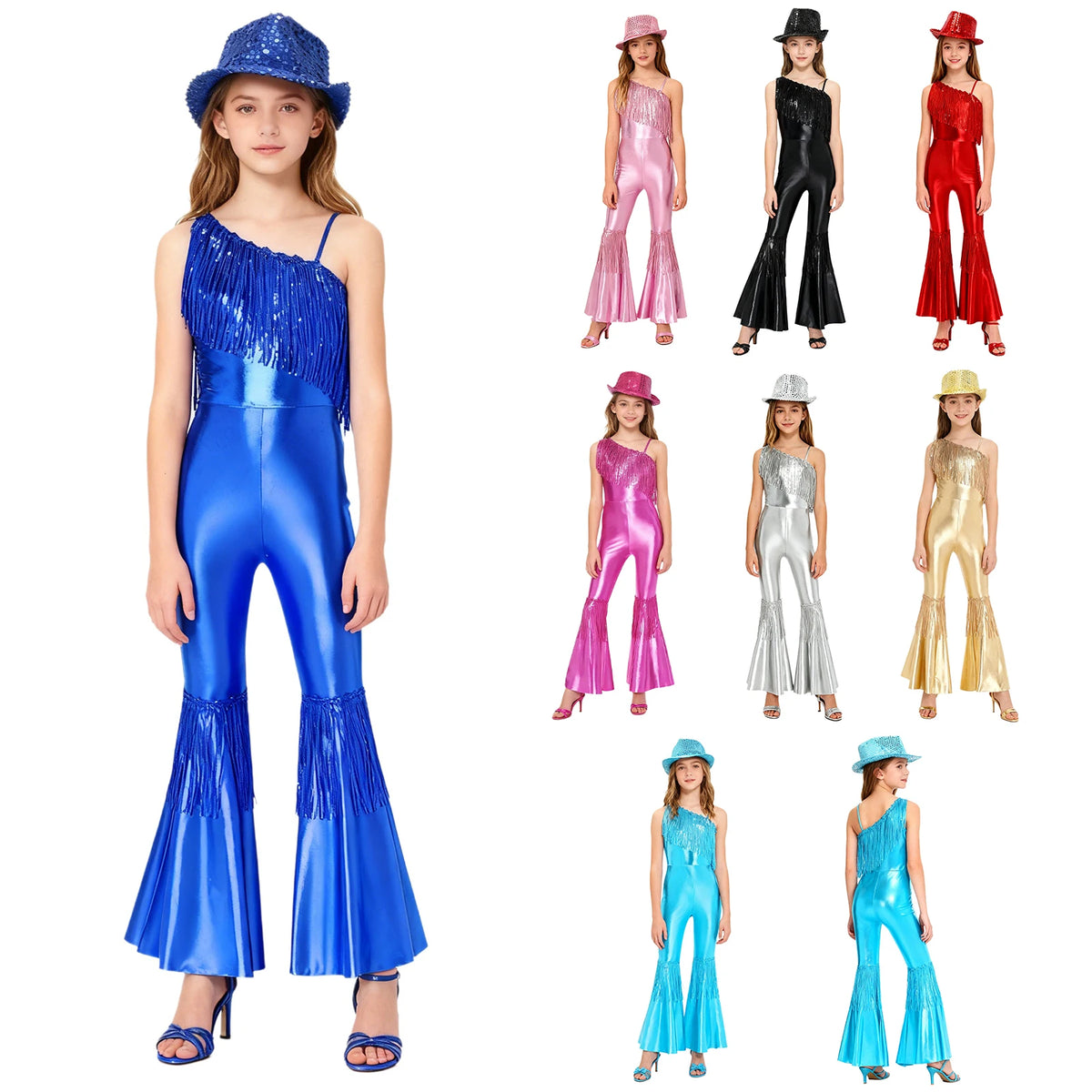 Kids Girls 70s Disco Outfits Sequins Jazz Dance Costume Hippie Hip Hop 60s Costumes Tassels Flared Jumpsuit Pageant Party Romper