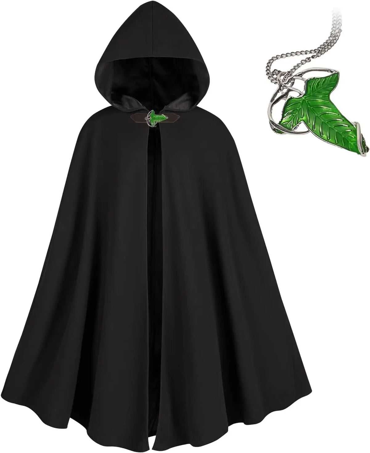 Medieval Costume Cloak with hood men Adult Renaissance Hooded Cloak with Green Leaf Brooch Necklace