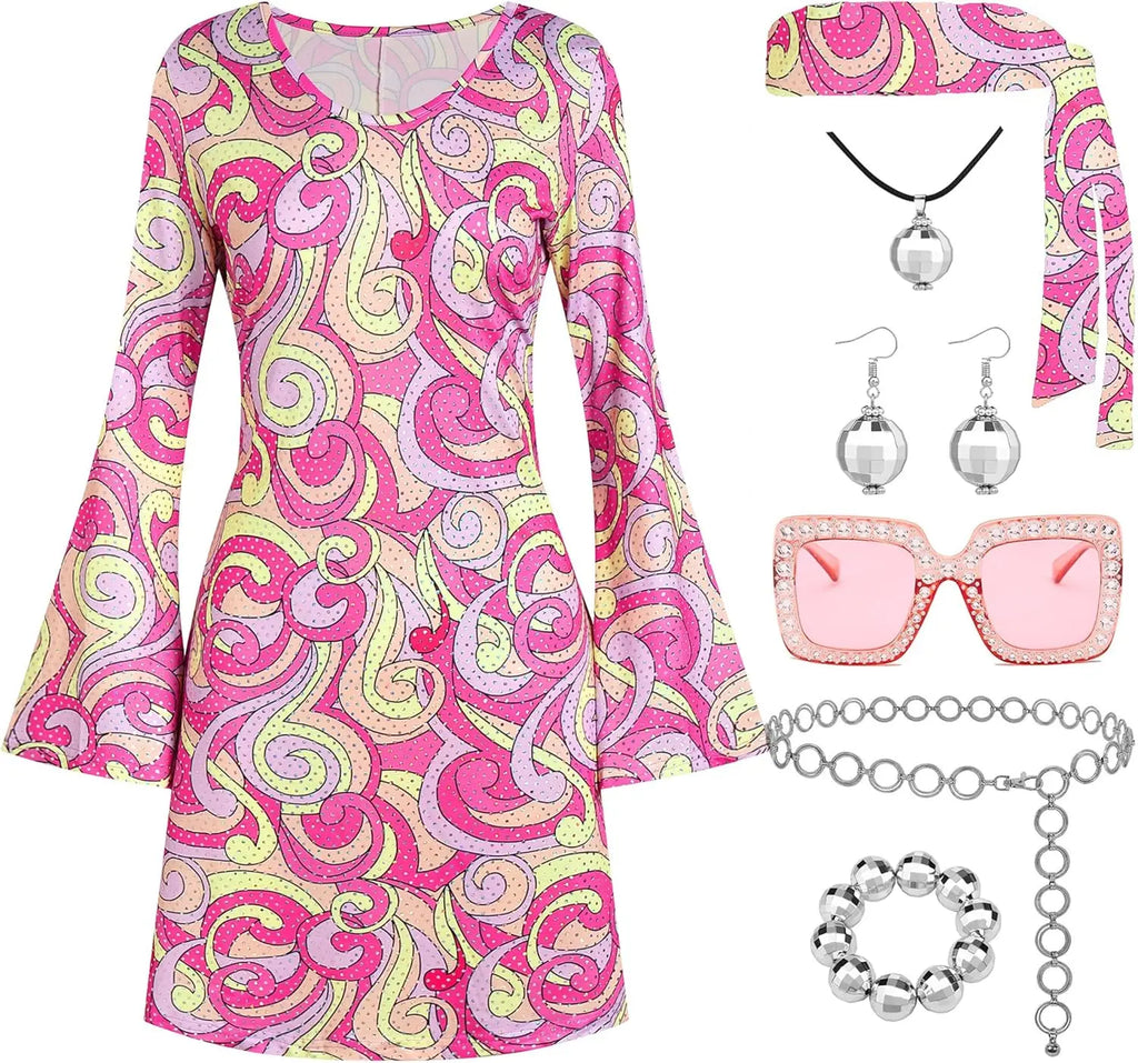 70s Disco Outfit Women, 7 PCS 70's Disco Dress Costume Hippie Clothes Accessories Jewelry Halloween dress anime clothes dress