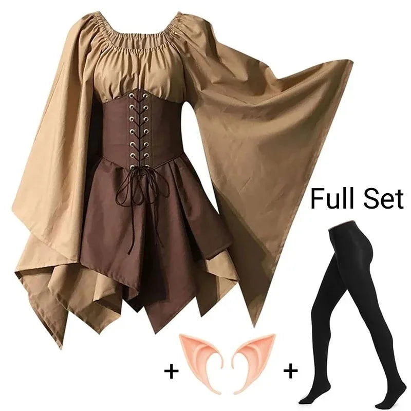 Medieval Costume Women Renaissance Medieval Dress Fairy Elf Traditional Irish Viking Costume Elf Ear for Halloween Party