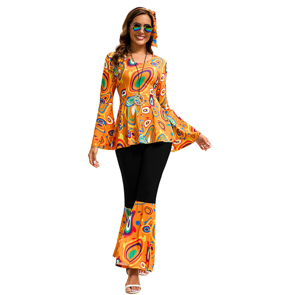 Women 60s 70s Outfits Hippie Costume Set Disco Outfit Dress Boho Flared Pants Hippie Shirt Headband