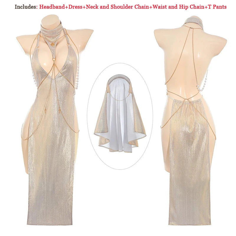 Anime Nun Costume Cosplay Outfit Sexy Women Goddess Gilding Chain Dress Halloween Performance Fancy Cute Sweet Dress Up Uniform