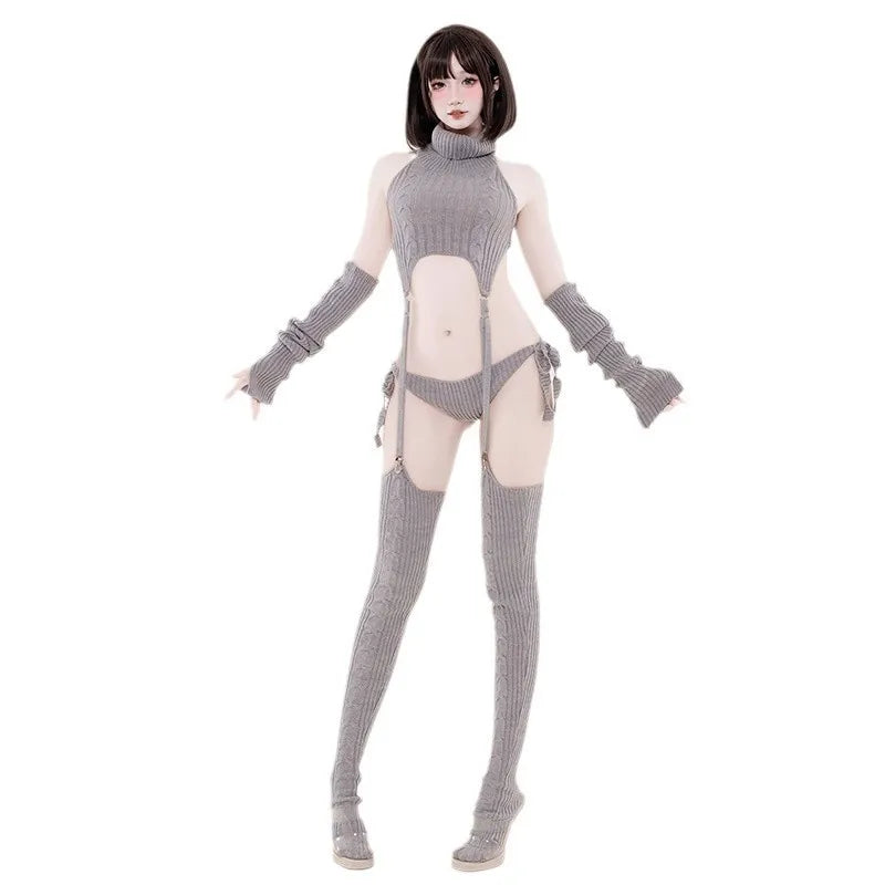 Cosplay Costume Anime Girl Turtleneck Knit Halter Dress Uniform Bodysuit Outfit Sweater Cat Backless Gray Black White Garter