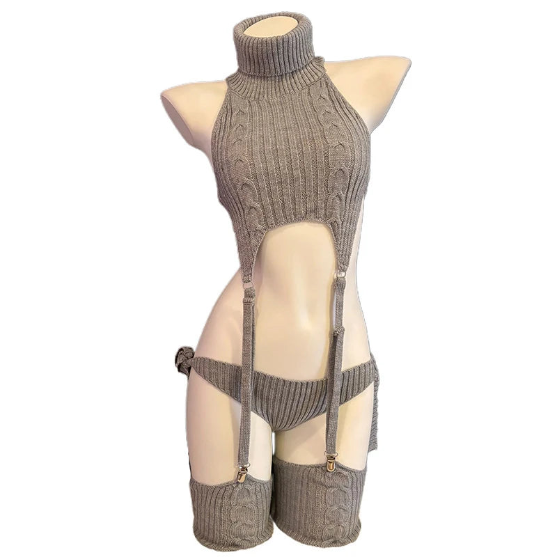 Cosplay Costume Anime Girl Turtleneck Knit Halter Dress Uniform Bodysuit Outfit Sweater Cat Backless Gray Black White Garter