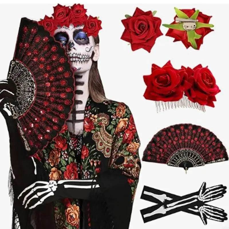 Costume Accessory Set for Stage Performances with Patterned Fan, Colorful Fringe Scarf, Skeleton Print Gloves and Red Flower