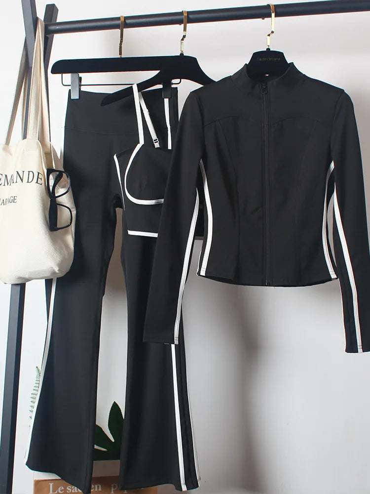 Women's Yoga Costumes 3pcs Set Spring Coat and Bra High-waisted Flared Trousers Dance Morning Runs Costume Outfits for Female